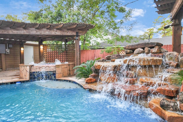 view of swimming pool with a pergola and pool water feature