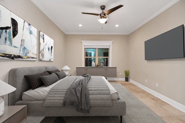 bedroom featuring ceiling fan, light tile patterned flooring, and ornamental molding