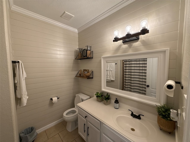 bathroom featuring tile patterned floors, a textured ceiling, toilet, vanity, and a shower with shower curtain