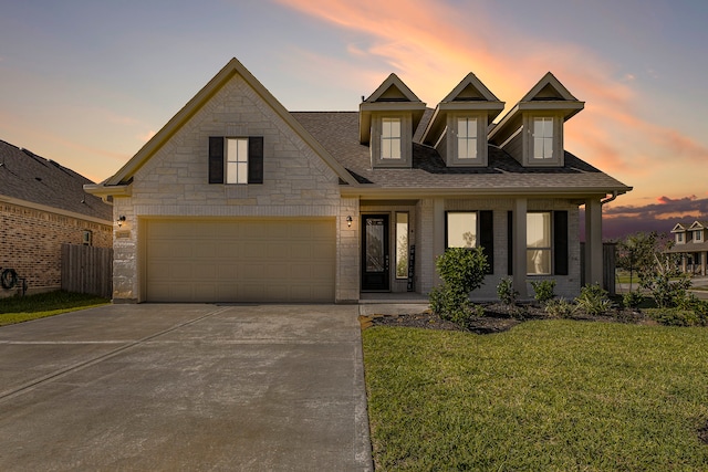 view of front of house with a garage and a yard