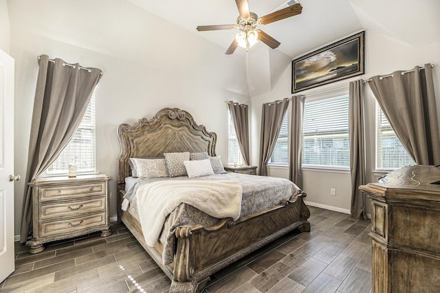bedroom featuring lofted ceiling and ceiling fan