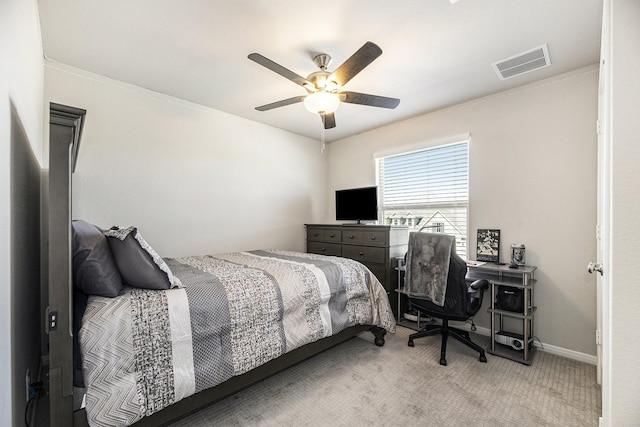 bedroom with ceiling fan and carpet floors