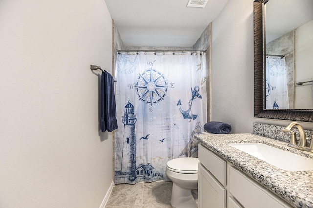 bathroom with vanity, toilet, and a shower with shower curtain