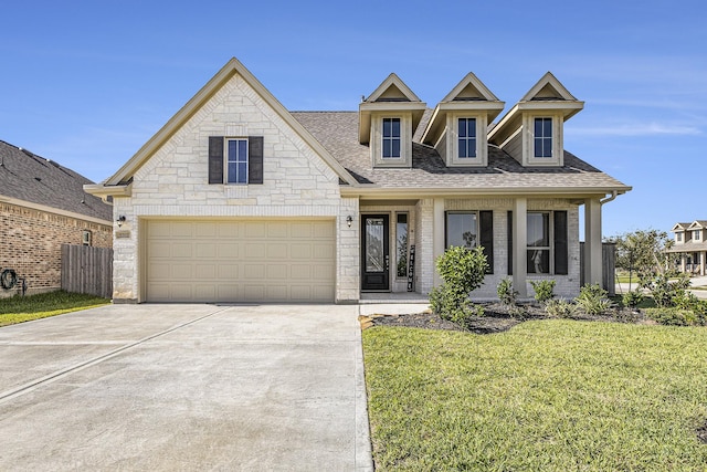 view of front of home with a porch, a garage, and a front lawn
