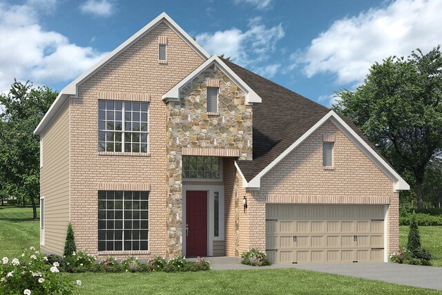 2044 Winepress Rd, Brenham, TX 77833 - view of front of house with a garage, brick siding, driveway, stone siding, and a front yard