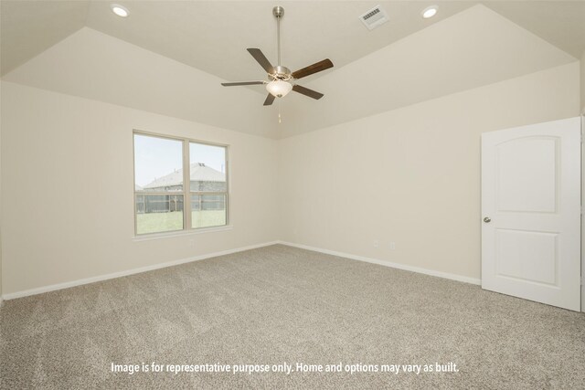 2044 Winepress Rd, Brenham, TX 77833 - empty room featuring carpet floors, a ceiling fan, vaulted ceiling, and recessed lighting