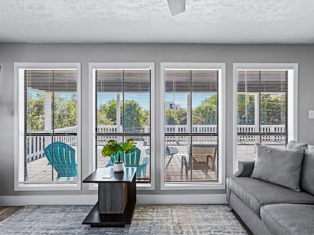 doorway to outside with hardwood / wood-style flooring, plenty of natural light, ceiling fan, and a textured ceiling