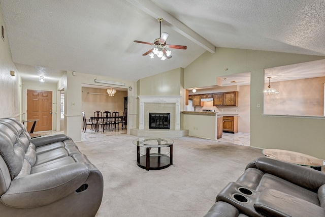 living room featuring light carpet, ceiling fan with notable chandelier, a textured ceiling, beam ceiling, and high vaulted ceiling