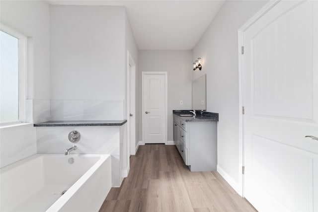 bathroom featuring hardwood / wood-style floors, vanity, and a washtub