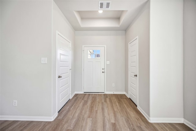 foyer entrance featuring a raised ceiling and light wood-type flooring