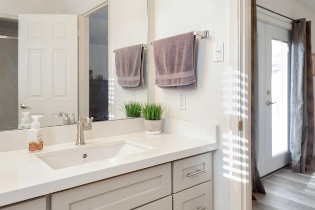 bathroom with hardwood / wood-style flooring, vanity, and a healthy amount of sunlight