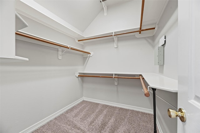 walk in closet with carpet floors and vaulted ceiling