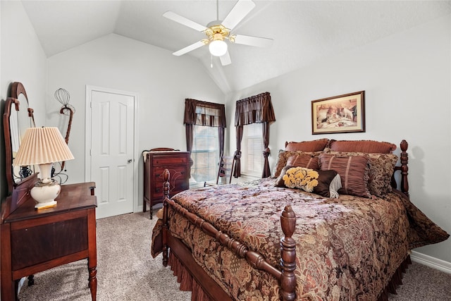 bedroom with carpet, vaulted ceiling, and ceiling fan