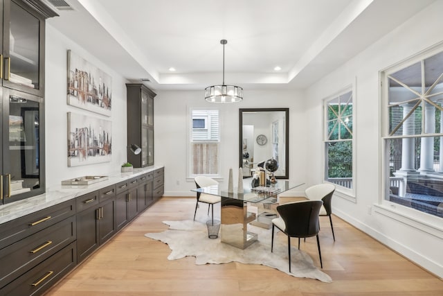 dining space with light hardwood / wood-style floors, a raised ceiling, and plenty of natural light