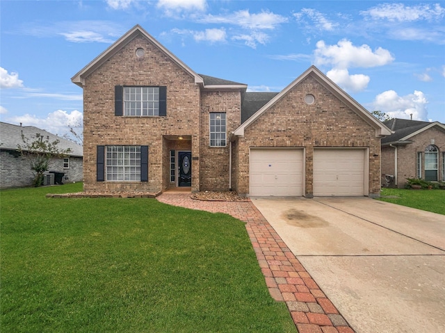 front of property featuring a front yard, a garage, and central air condition unit