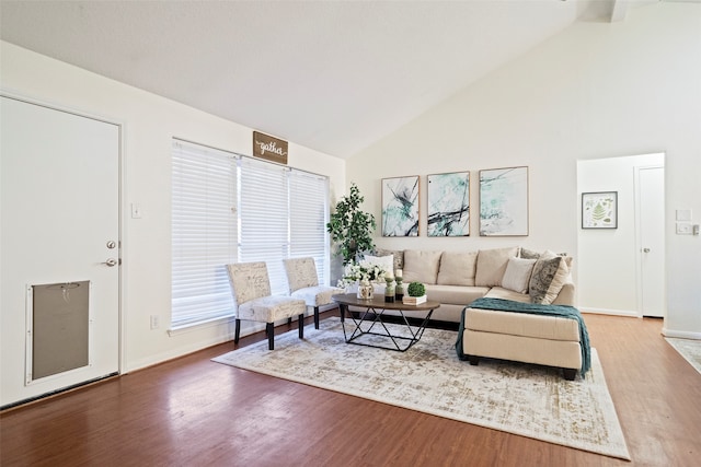 living room featuring high vaulted ceiling and wood-type flooring