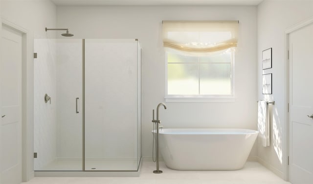 bathroom with plus walk in shower and tile patterned flooring