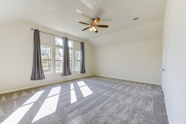 bonus room with ceiling fan, lofted ceiling, and carpet floors