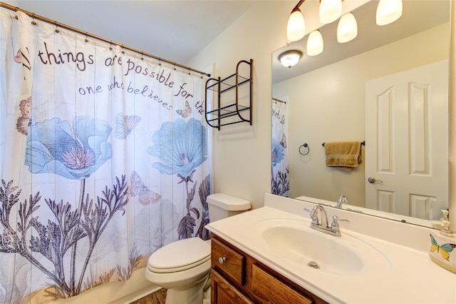 full bathroom featuring vanity, toilet, and shower / bathtub combination with curtain