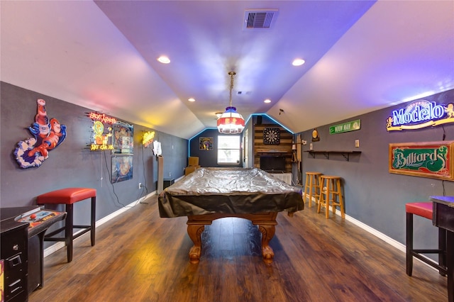 playroom featuring a fireplace, dark wood-type flooring, lofted ceiling, and pool table