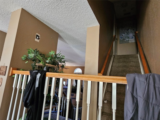 staircase featuring carpet and a textured ceiling