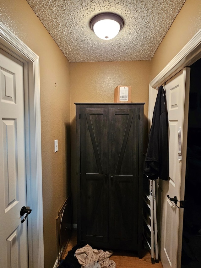 interior space with wood-type flooring and a textured ceiling