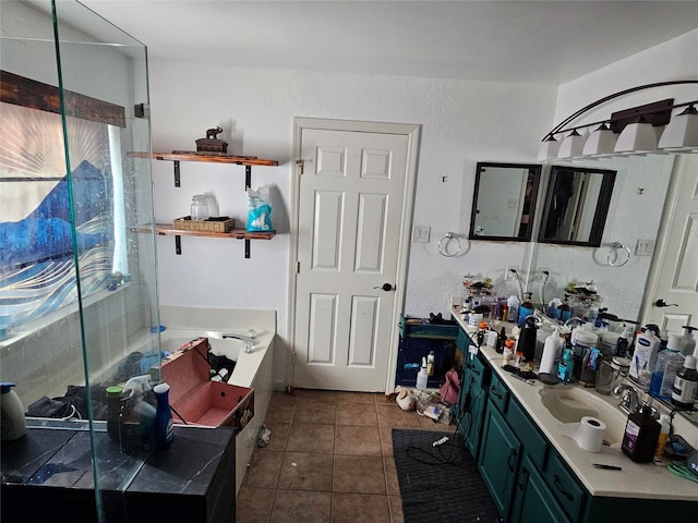 bathroom with tile patterned flooring, vanity, and plus walk in shower