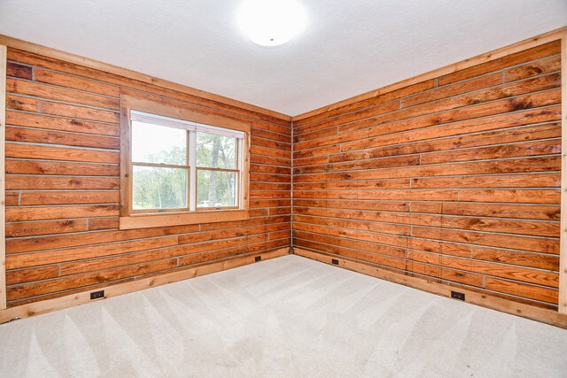 spare room featuring carpet, a textured ceiling, and wood walls