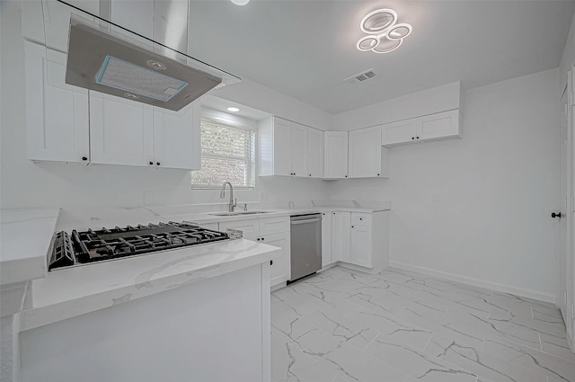 kitchen with light stone countertops, sink, stainless steel dishwasher, extractor fan, and white cabinets