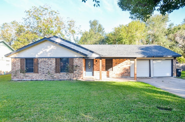 ranch-style home featuring a front yard and a garage