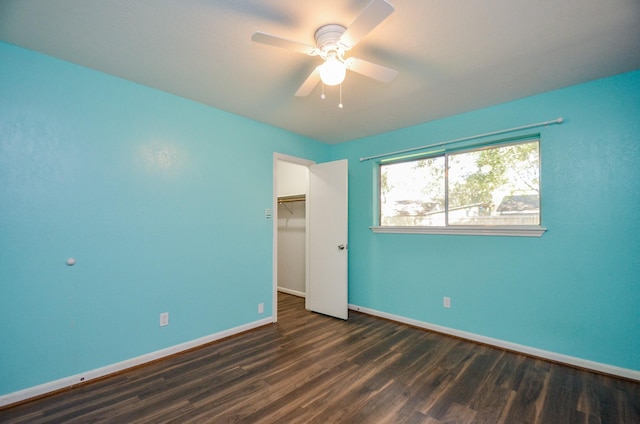 unfurnished bedroom with ceiling fan, a walk in closet, dark wood-type flooring, and a closet