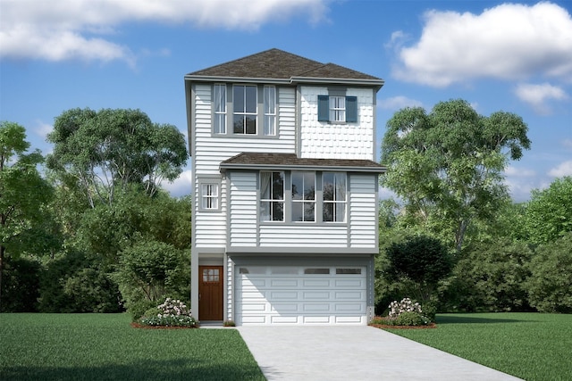 view of front property featuring a garage and a front lawn