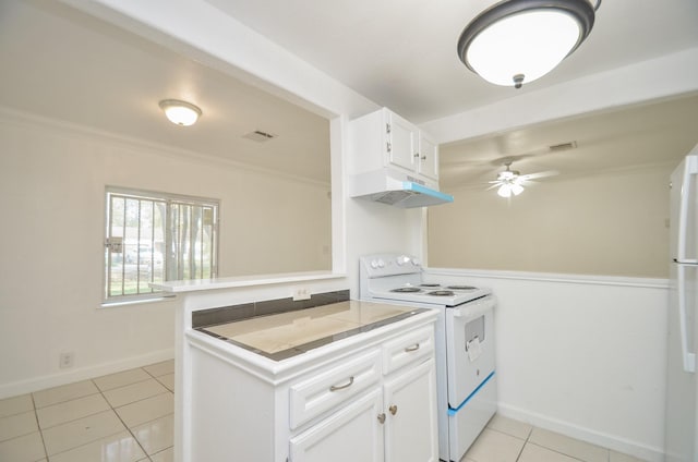 kitchen featuring white cabinetry, kitchen peninsula, electric range, and light tile patterned floors