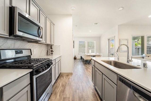 kitchen featuring sink, gray cabinets, tasteful backsplash, light hardwood / wood-style floors, and stainless steel appliances