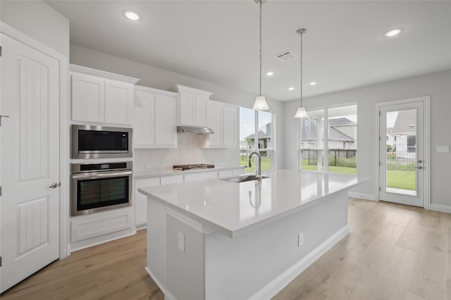 kitchen featuring stainless steel appliances, a kitchen island with sink, a healthy amount of sunlight, and sink