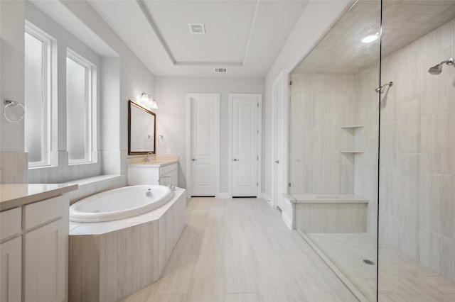 bathroom featuring vanity and plus walk in shower