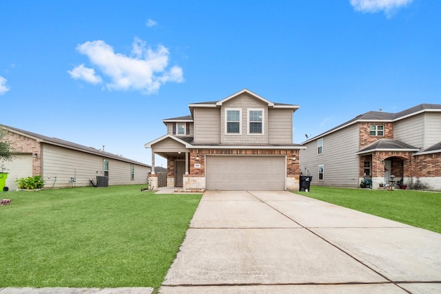 view of front of house with cooling unit, a garage, and a front yard