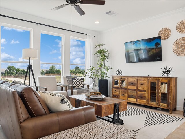 living room featuring light wood-type flooring, ceiling fan, and ornamental molding