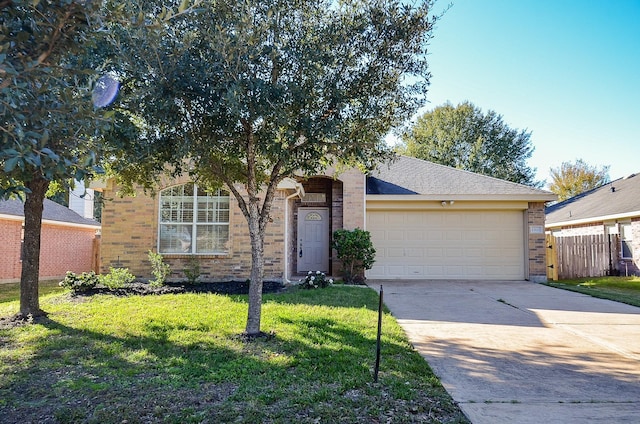 ranch-style house featuring a garage and a front lawn