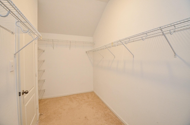 walk in closet featuring carpet flooring and lofted ceiling