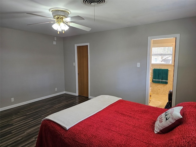 bedroom with a ceiling fan, baseboards, visible vents, and dark wood-style flooring