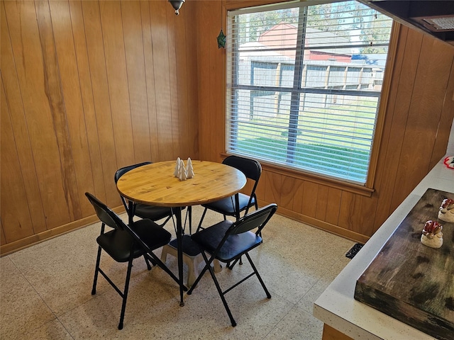 dining space with wooden walls