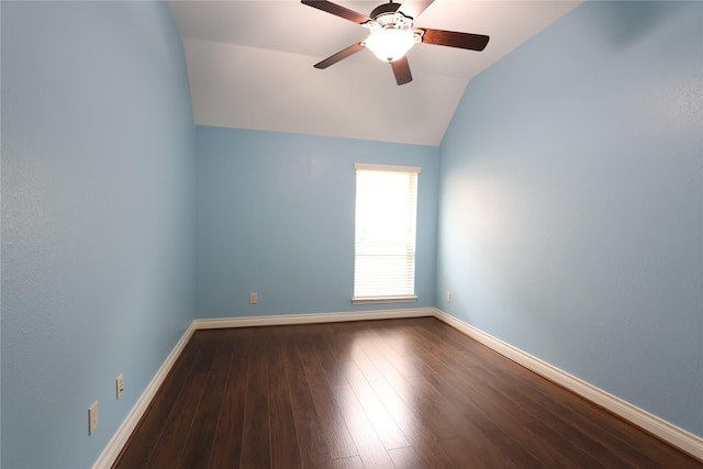 unfurnished room featuring ceiling fan, wood-type flooring, and vaulted ceiling