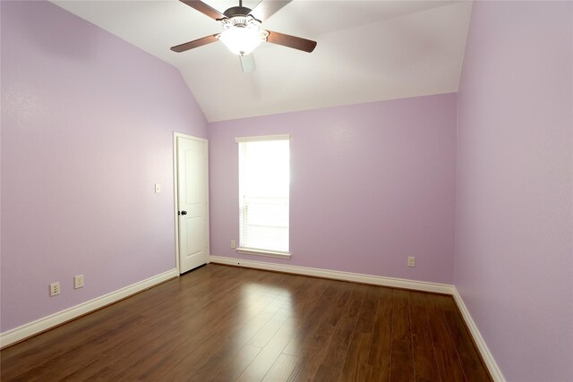 unfurnished room with dark hardwood / wood-style flooring, ceiling fan, and lofted ceiling