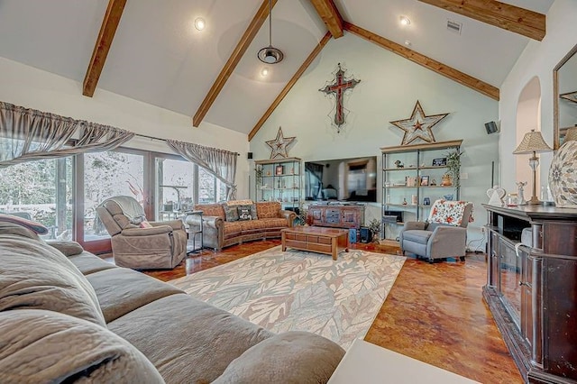 living room featuring beamed ceiling, hardwood / wood-style flooring, and high vaulted ceiling