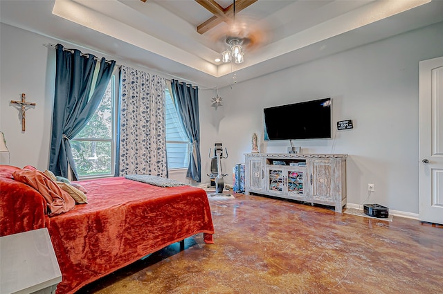 bedroom with beam ceiling, ceiling fan, and coffered ceiling