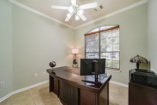 office area featuring ceiling fan, crown molding, and a wealth of natural light