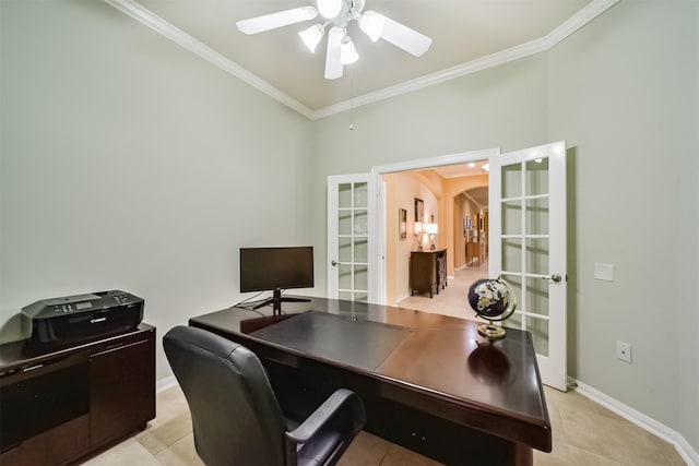 office area featuring light tile patterned flooring, ornamental molding, and french doors