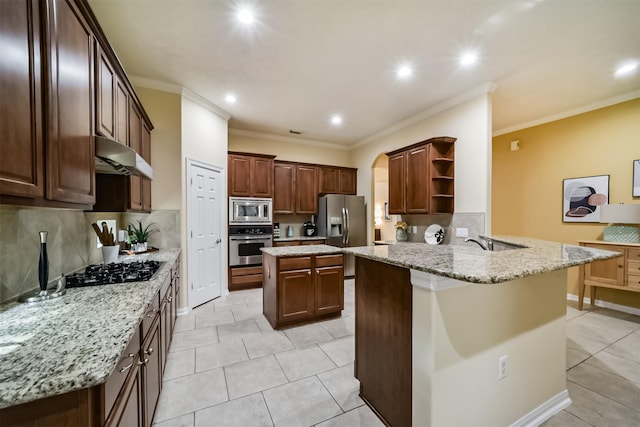 kitchen featuring kitchen peninsula, backsplash, stainless steel appliances, and ornamental molding