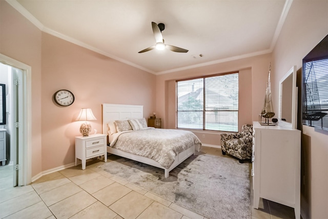 tiled bedroom with ceiling fan and ornamental molding